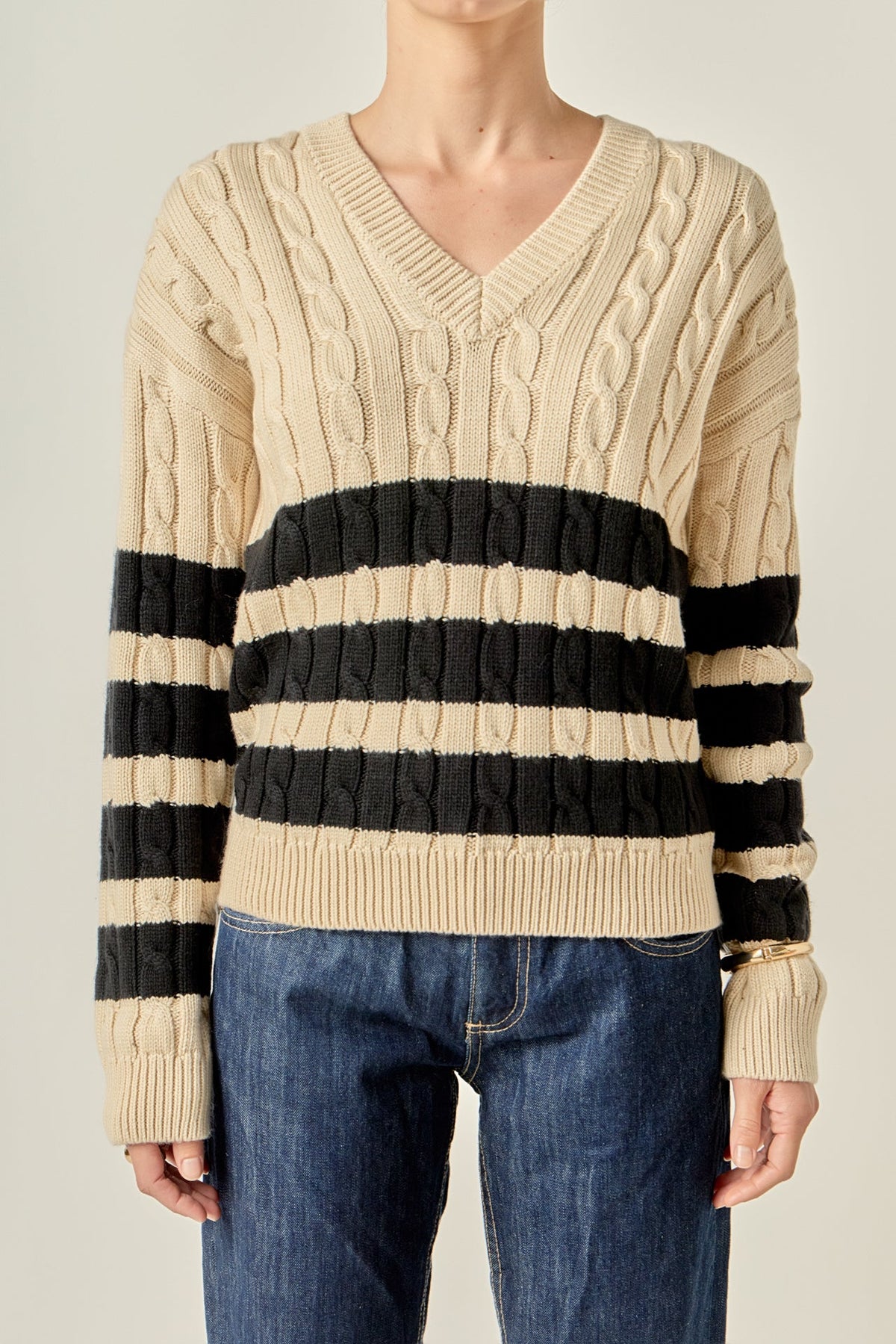 ENGLISH FACTORY - Striped Cable Knit Sweater - SWEATERS & KNITS available at Objectrare