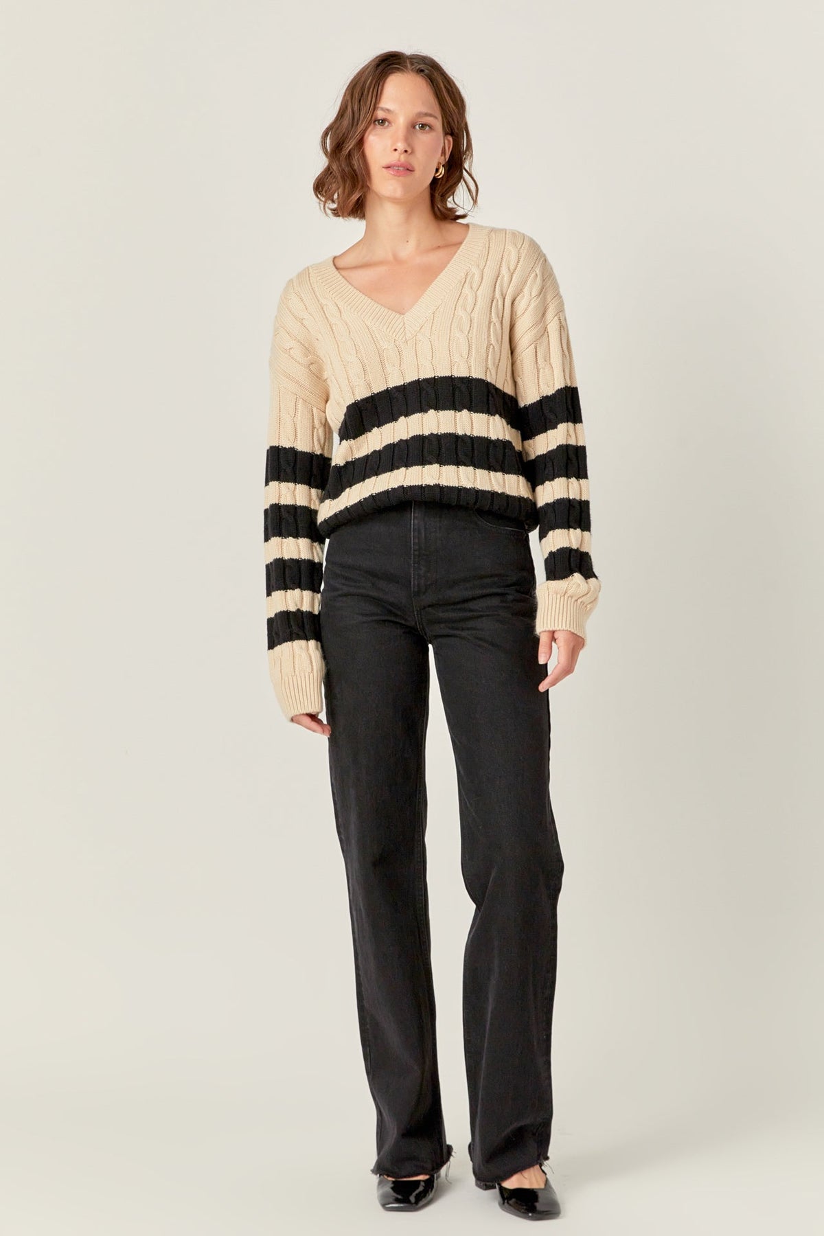 ENGLISH FACTORY - Striped Cable Knit Sweater - SWEATERS & KNITS available at Objectrare