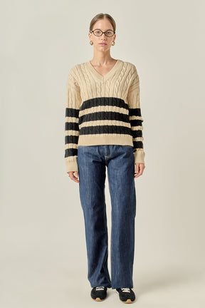 ENGLISH FACTORY - Striped Cable Knit Sweater - SWEATERS & KNITS available at Objectrare