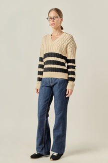 ENGLISH FACTORY - Striped Cable Knit Sweater - SWEATERS & KNITS available at Objectrare