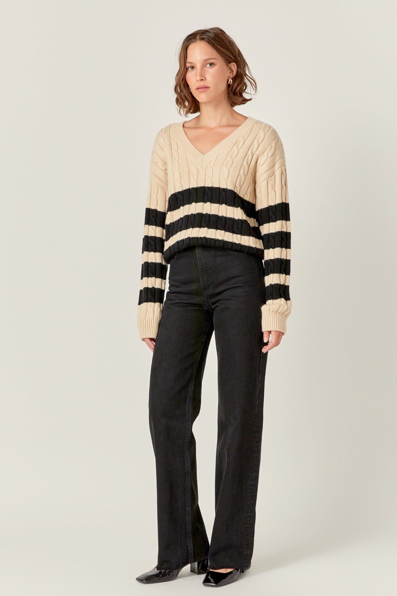 ENGLISH FACTORY - Striped Cable Knit Sweater - SWEATERS & KNITS available at Objectrare