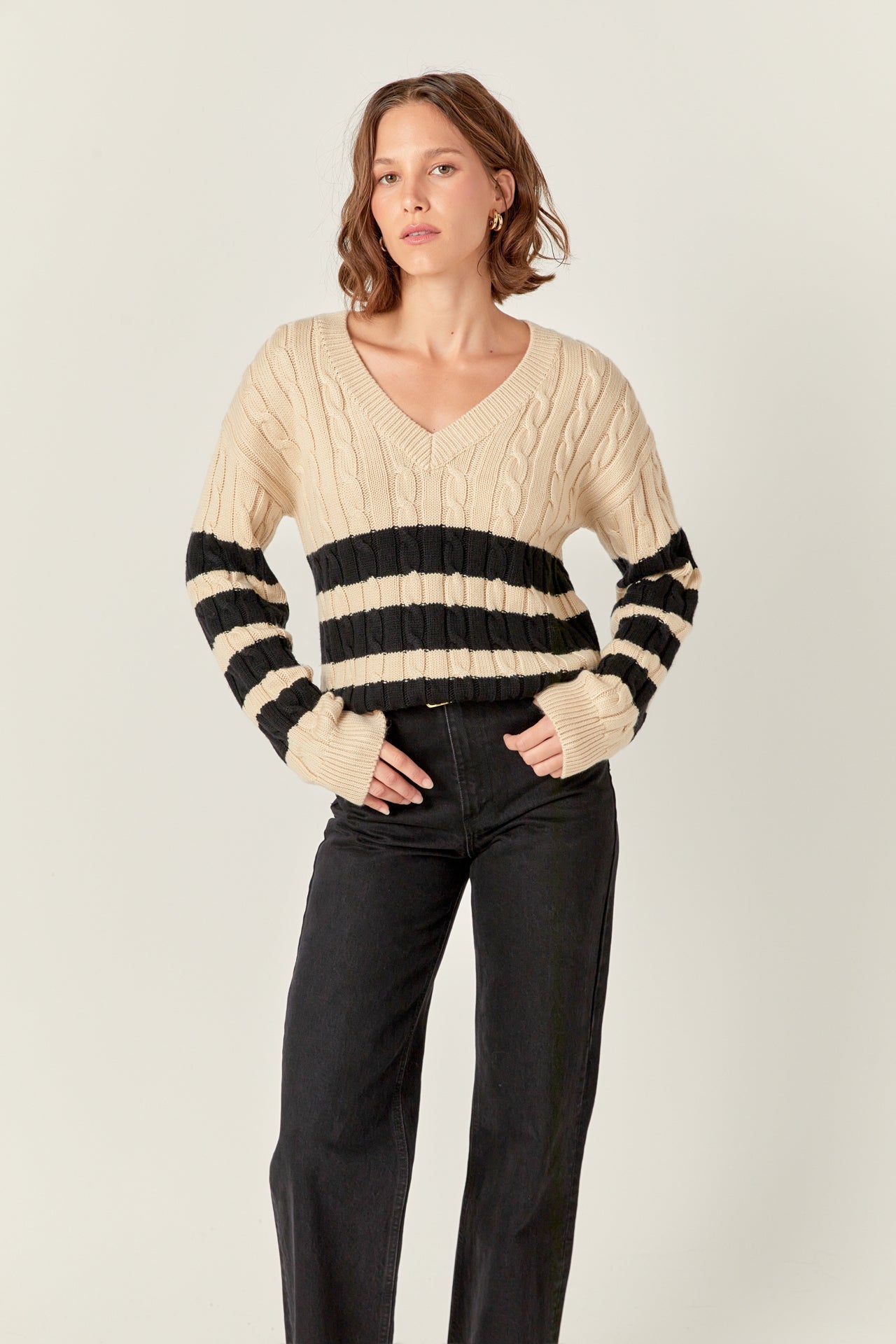 ENGLISH FACTORY - Striped Cable Knit Sweater - SWEATERS & KNITS available at Objectrare