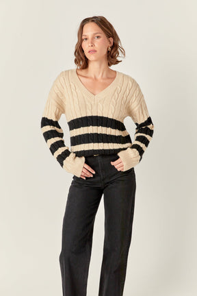 ENGLISH FACTORY - Striped Cable Knit Sweater - SWEATERS & KNITS available at Objectrare
