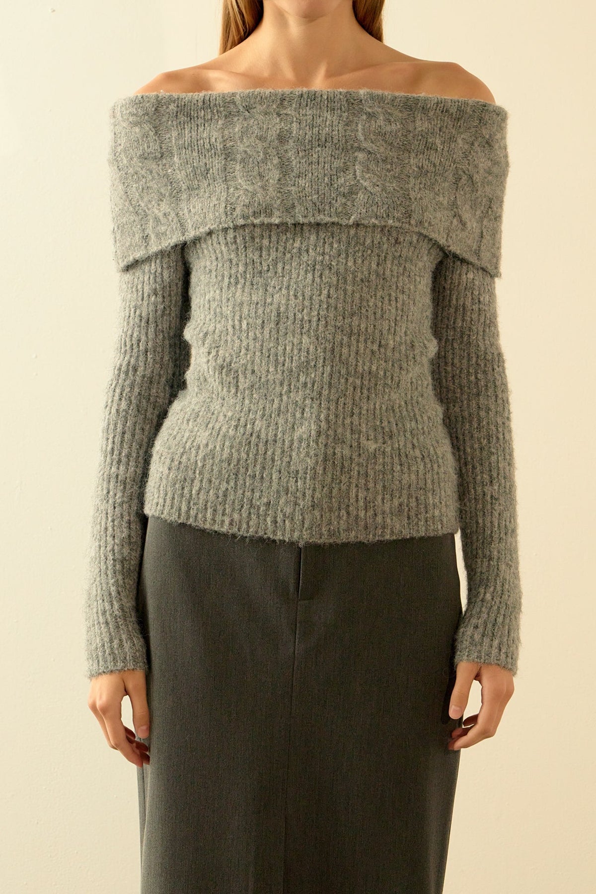 ENDLESS ROSE - Off Shoulder Cable Knit Sweater - SWEATERS & KNITS available at Objectrare