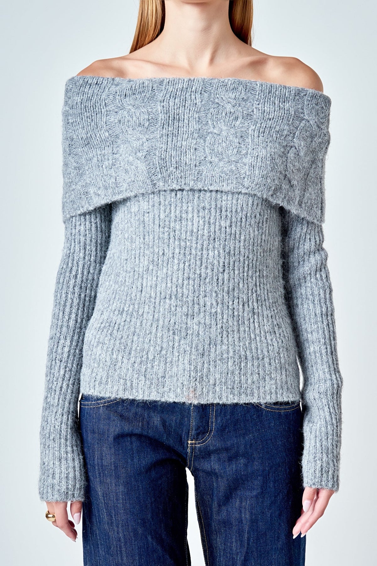 ENDLESS ROSE - Off Shoulder Cable Knit Sweater - SWEATERS & KNITS available at Objectrare
