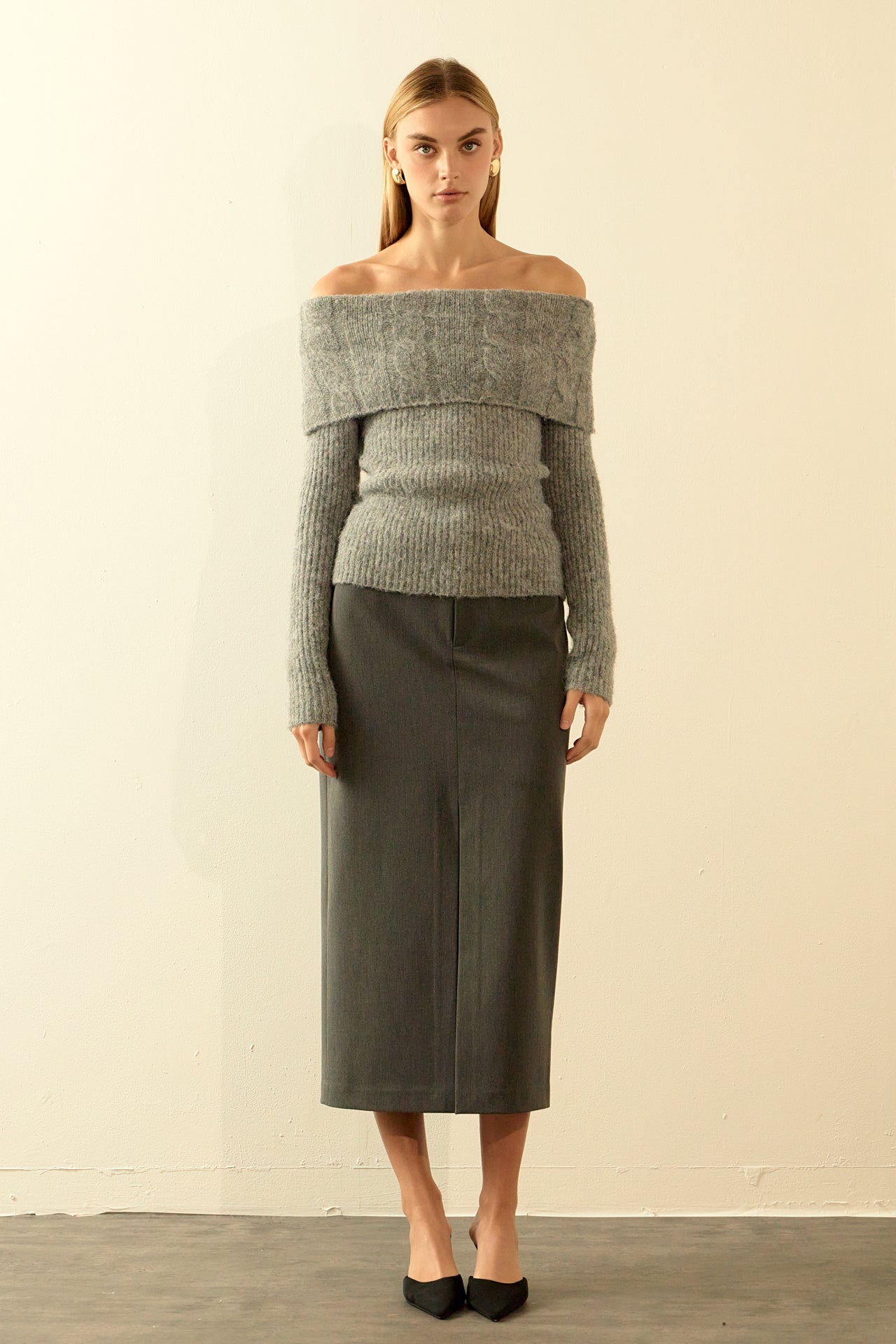 ENDLESS ROSE - Off Shoulder Cable Knit Sweater - SWEATERS & KNITS available at Objectrare