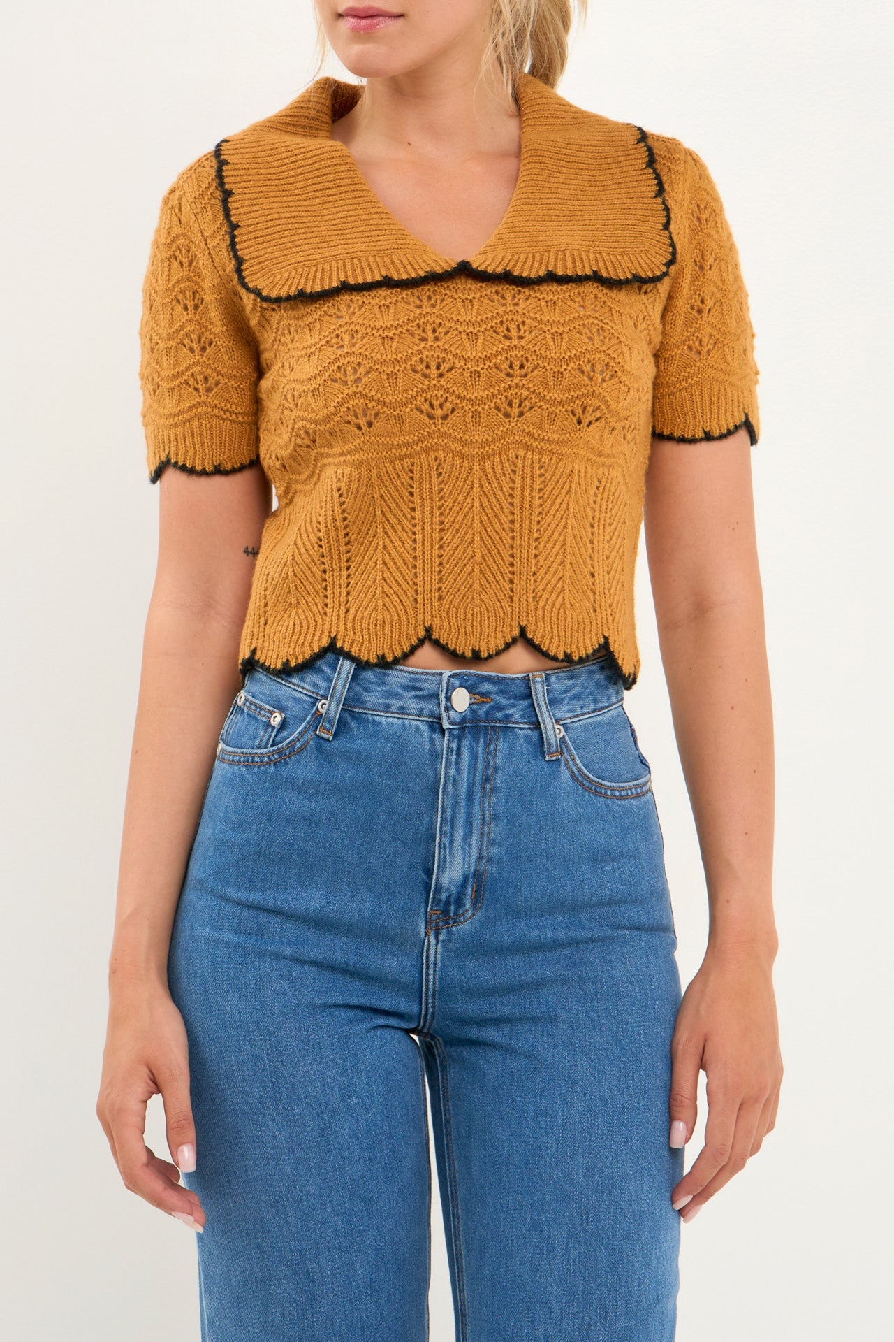 ENDLESS ROSE - Short Puff Sleeve Scalloped Knit Top - SWEATERS & KNITS available at Objectrare