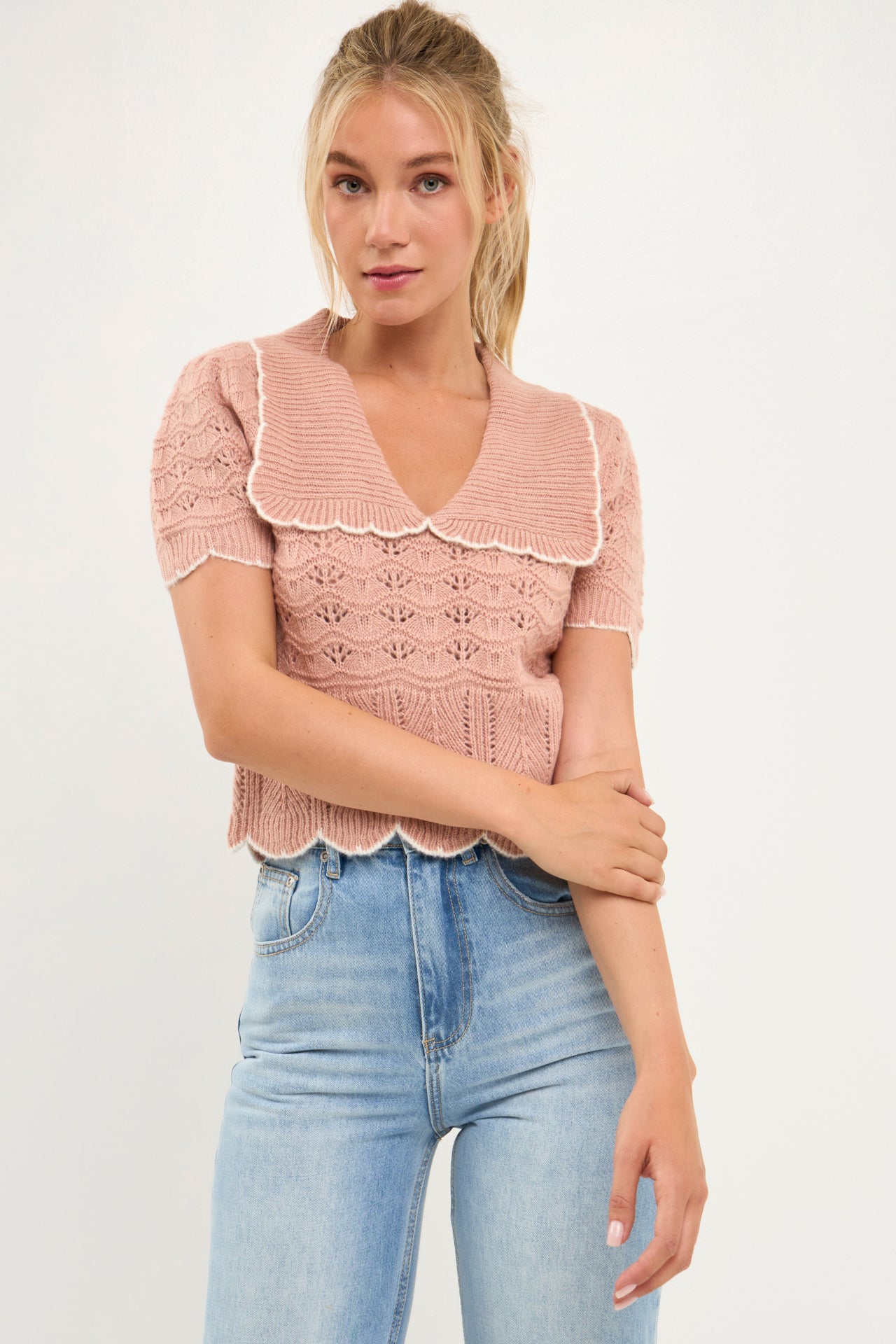 ENDLESS ROSE - Short Puff Sleeve Scalloped Knit Top - SWEATERS & KNITS available at Objectrare