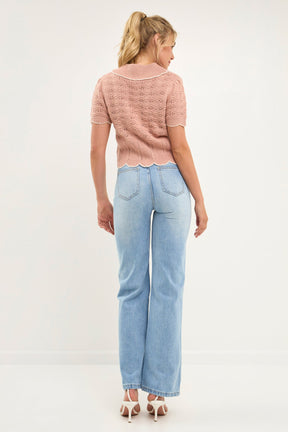 ENDLESS ROSE - Short Puff Sleeve Scalloped Knit Top - SWEATERS & KNITS available at Objectrare