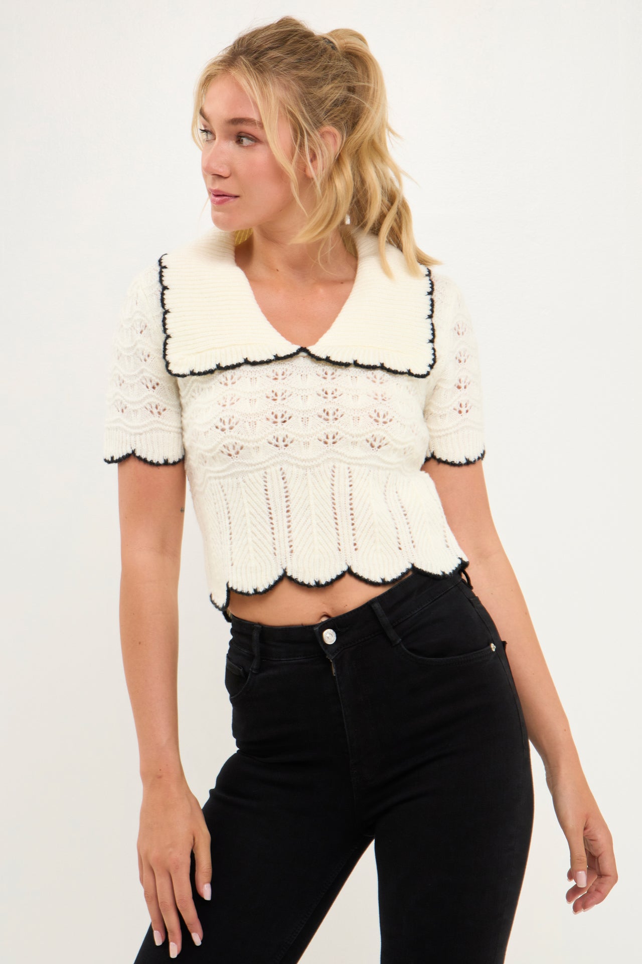 ENDLESS ROSE - Short Puff Sleeve Scalloped Knit Top - SWEATERS & KNITS available at Objectrare