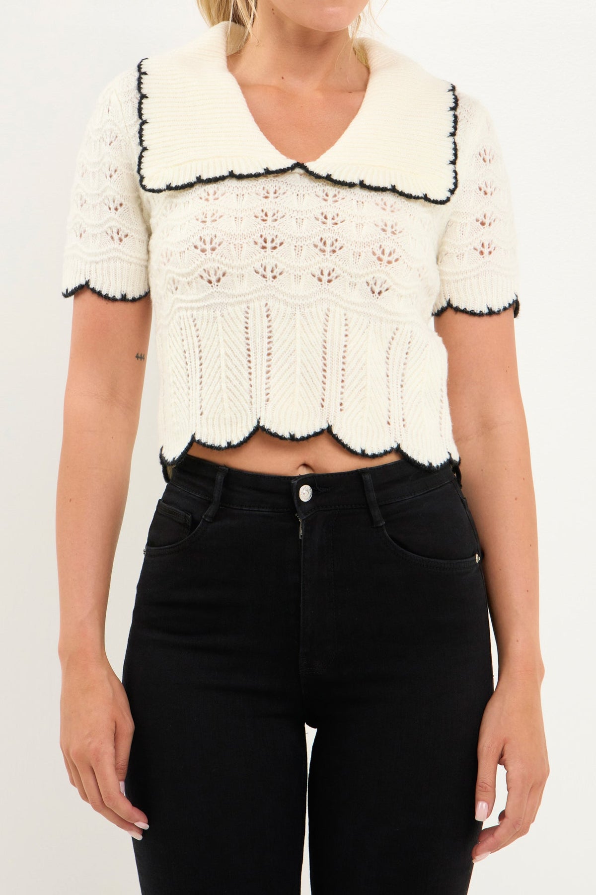 ENDLESS ROSE - Short Puff Sleeve Scalloped Knit Top - SWEATERS & KNITS available at Objectrare