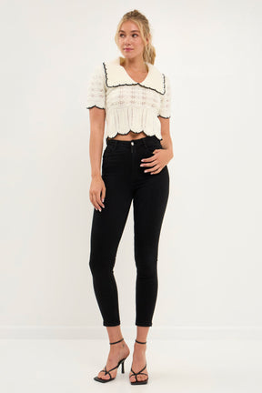 ENDLESS ROSE - Short Puff Sleeve Scalloped Knit Top - SWEATERS & KNITS available at Objectrare