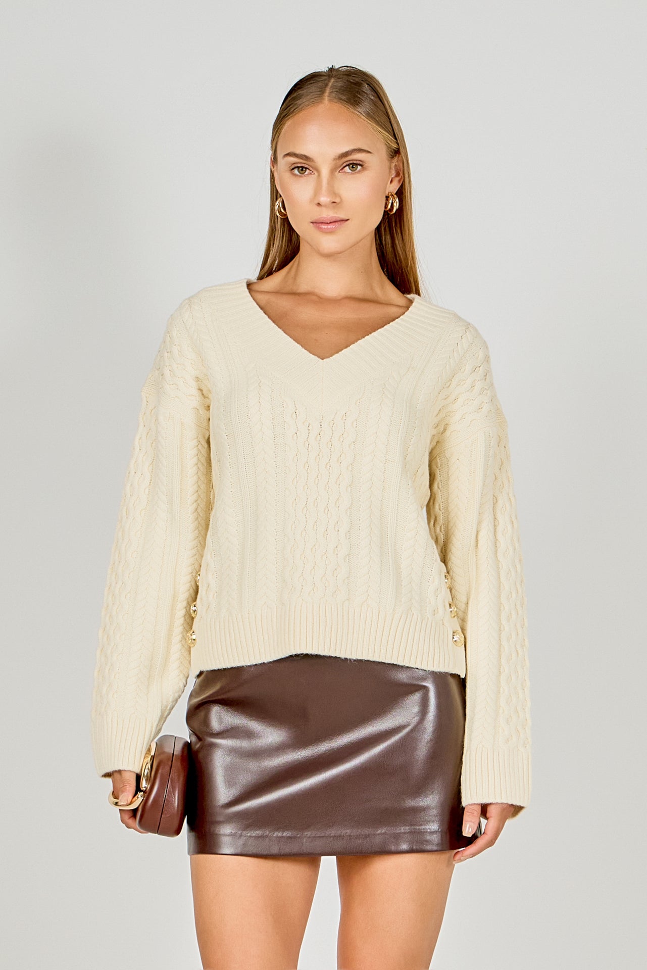 Cable Knit V-Neck Long Sleeve Sweater