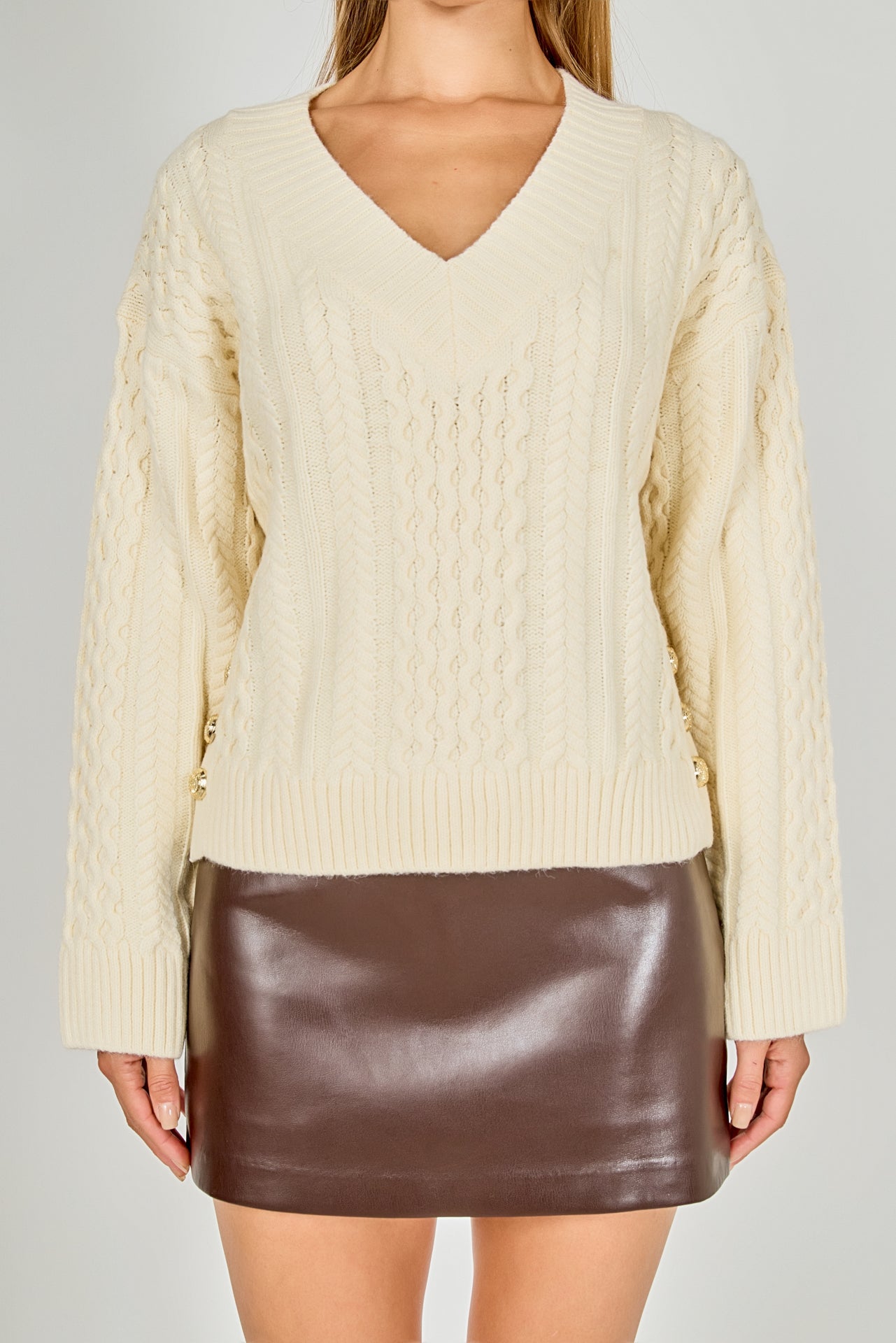 Cable Knit V-Neck Long Sleeve Sweater