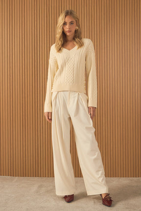 ENDLESS ROSE - Cable Knit V-Neck Long Sleeve Sweater - SWEATERS & KNITS available at Objectrare