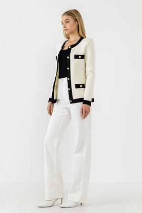 Knit Contrast Rib Cardigan with Gold Buttons