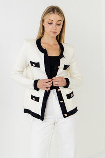 Knit Contrast Rib Cardigan with Gold Buttons