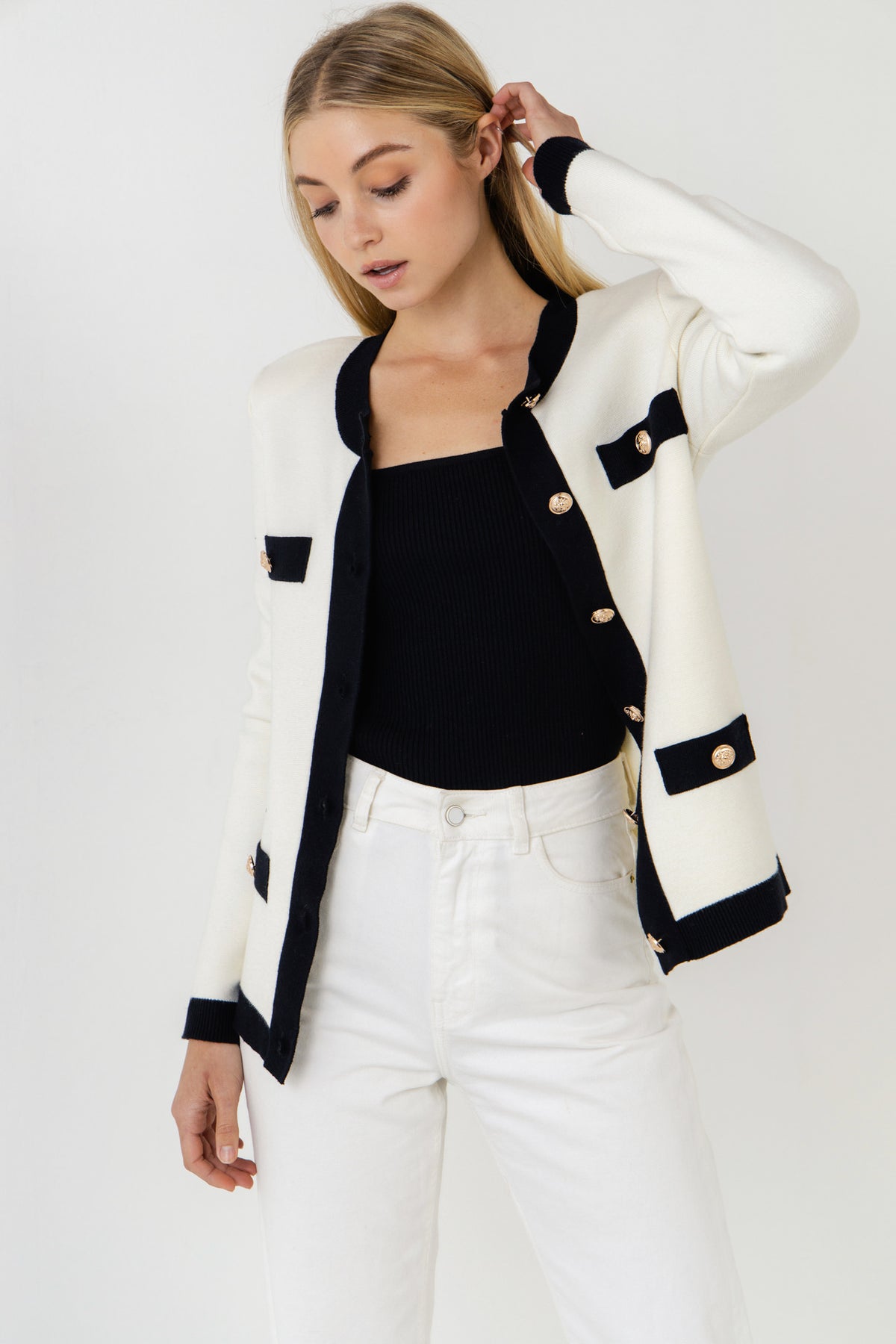 Knit Contrast Rib Cardigan with Gold Buttons