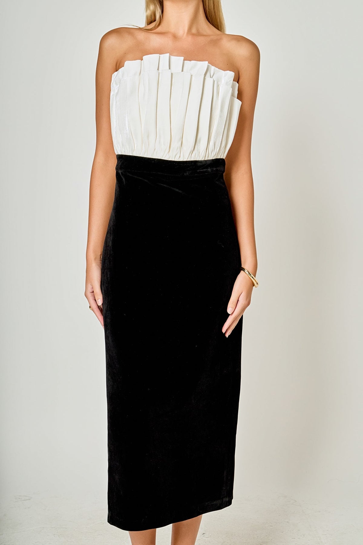 ENDLESS ROSE - Mix Media Velvet Strapless Midi Dress - DRESSES available at Objectrare