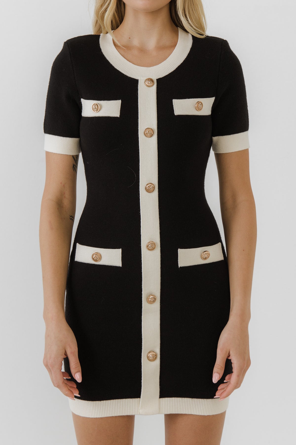 ENDLESS ROSE - Short Knit Dress with Contrast Ribbing - DRESSES available at Objectrare