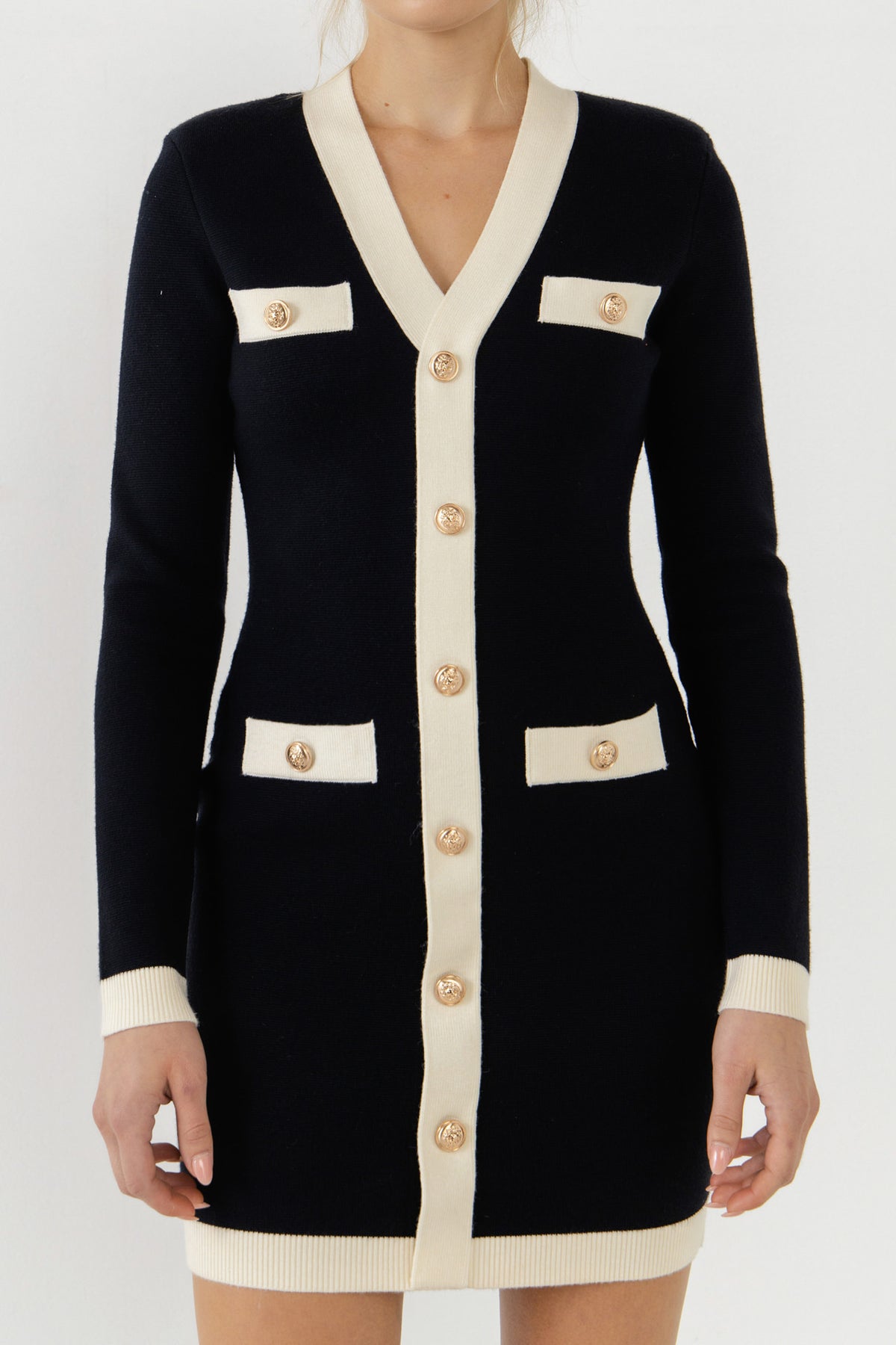 ENDLESS ROSE - V Neckline Long Sleeve Dress with Contrast Ribbing - DRESSES available at Objectrare
