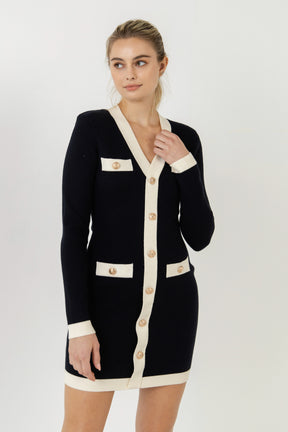 ENDLESS ROSE - V Neckline Long Sleeve Dress with Contrast Ribbing - DRESSES available at Objectrare