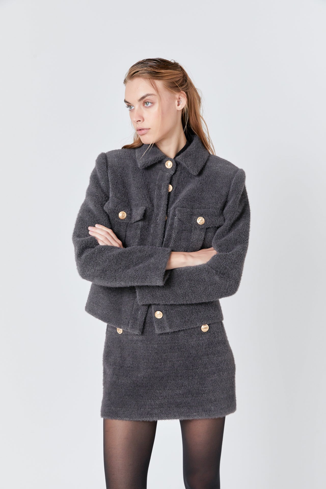 ENDLESS ROSE - Tweed Soft Brushed Buttoned Jacket - JACKETS available at Objectrare