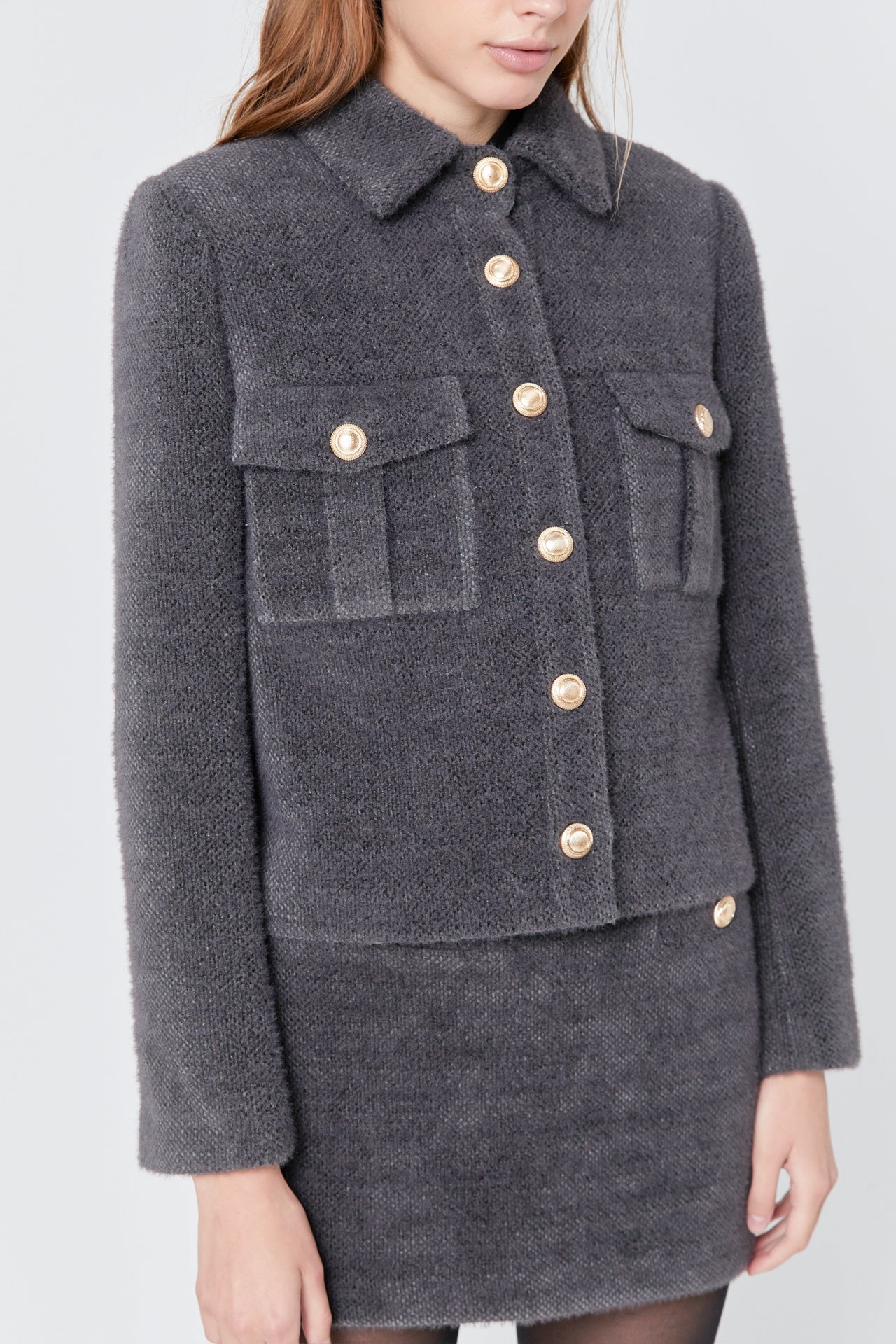 ENDLESS ROSE - Tweed Soft Brushed Buttoned Jacket - JACKETS available at Objectrare