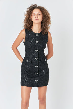 ENDLESS ROSE - Tweed Jewel Buttoned Mini Dress - DRESSES available at Objectrare