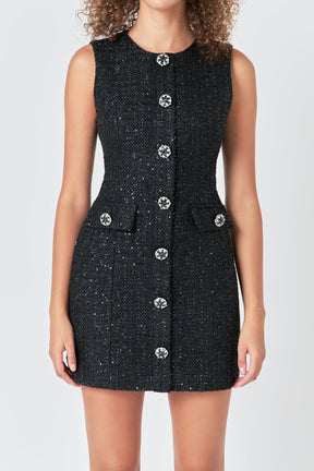 ENDLESS ROSE - Tweed Jewel Buttoned Mini Dress - DRESSES available at Objectrare