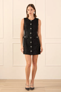 ENDLESS ROSE - Tweed Jewel Buttoned Mini Dress - DRESSES available at Objectrare