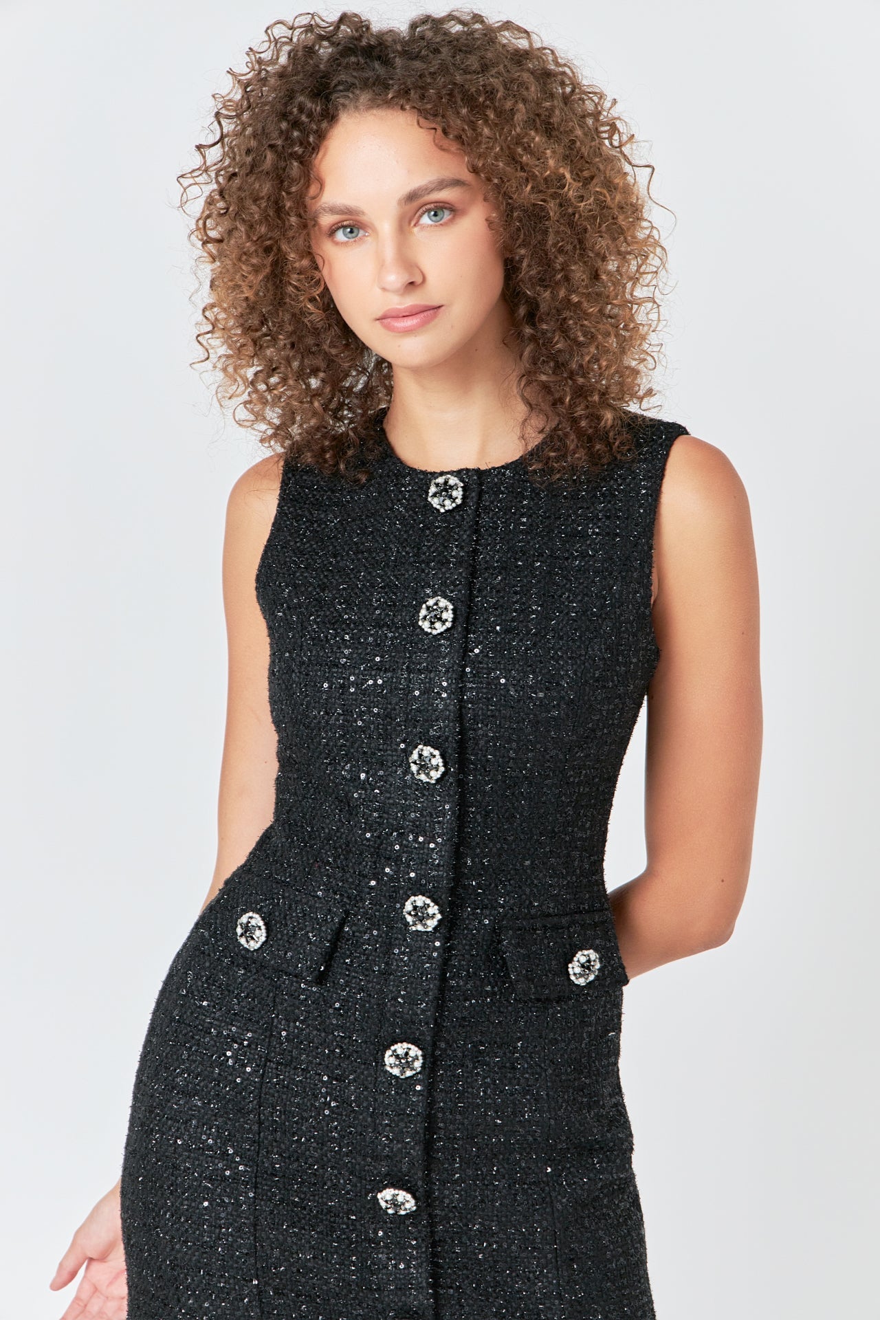 ENDLESS ROSE - Tweed Jewel Buttoned Mini Dress - DRESSES available at Objectrare