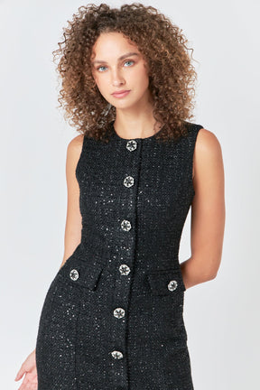ENDLESS ROSE - Tweed Jewel Buttoned Mini Dress - DRESSES available at Objectrare