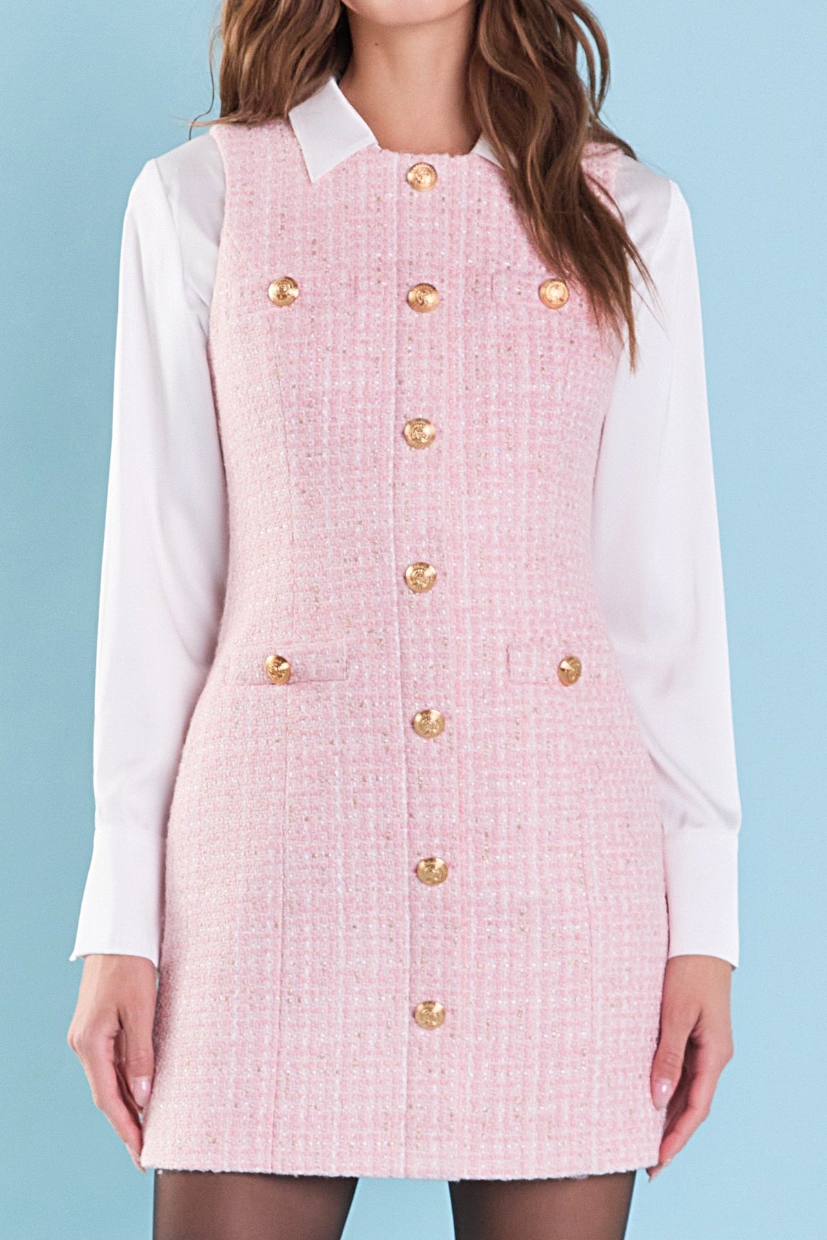 ENDLESS ROSE - Sleeveless Tweed Mini Dress with Gold Buttons - DRESSES available at Objectrare