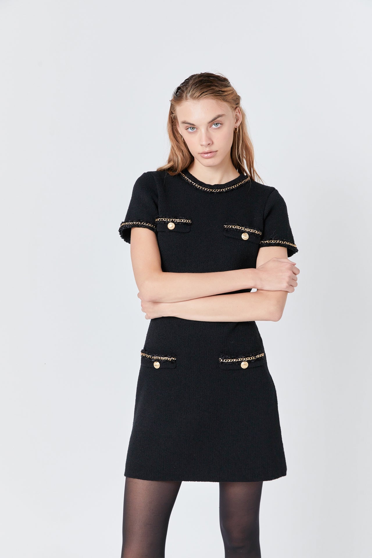 ENDLESS ROSE - Chain Trimmed Short Sleeve Sweater Dress - DRESSES available at Objectrare