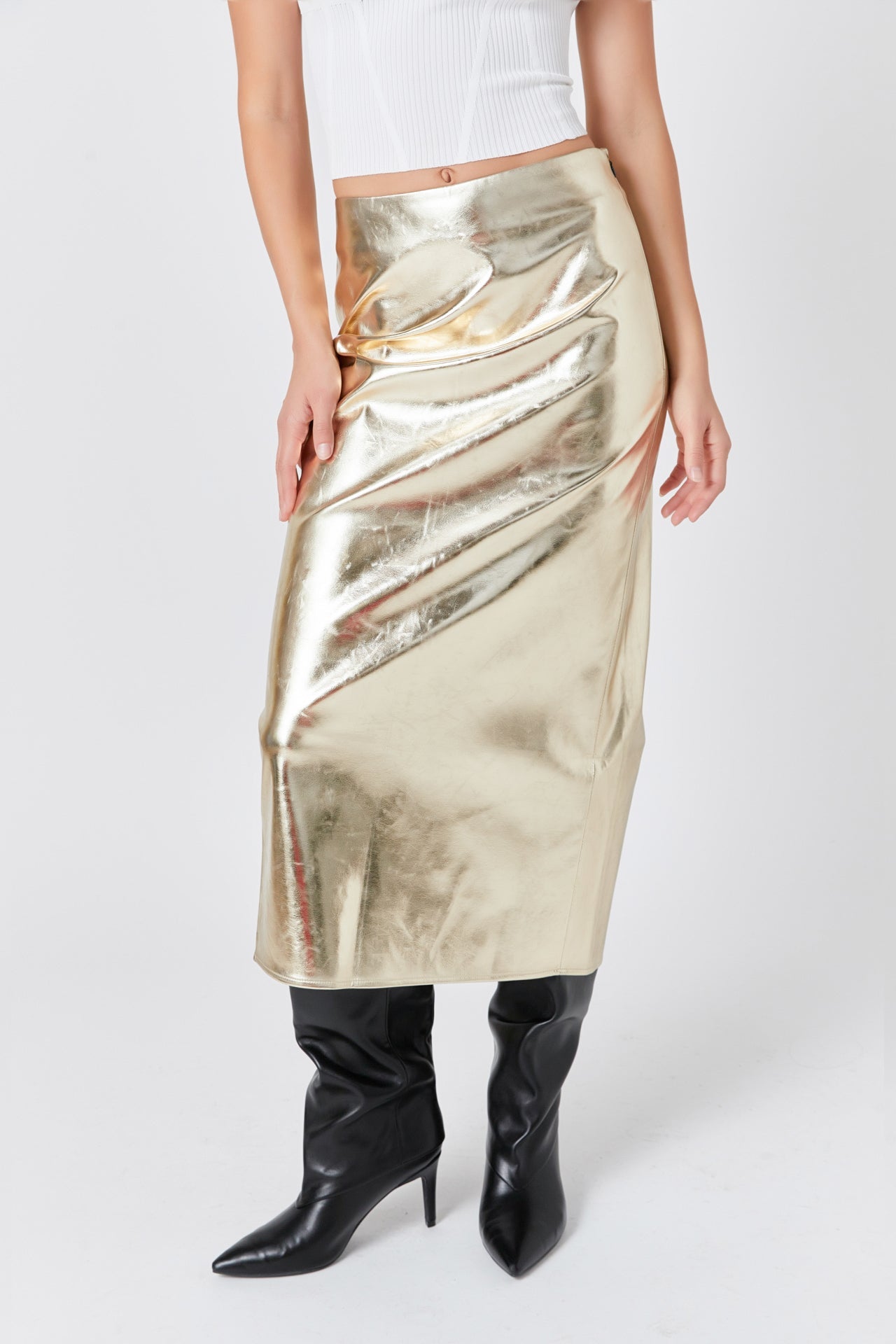 ENDLESS ROSE - Printed Foil Faux Leather Maxi Skirt - SKIRTS available at Objectrare