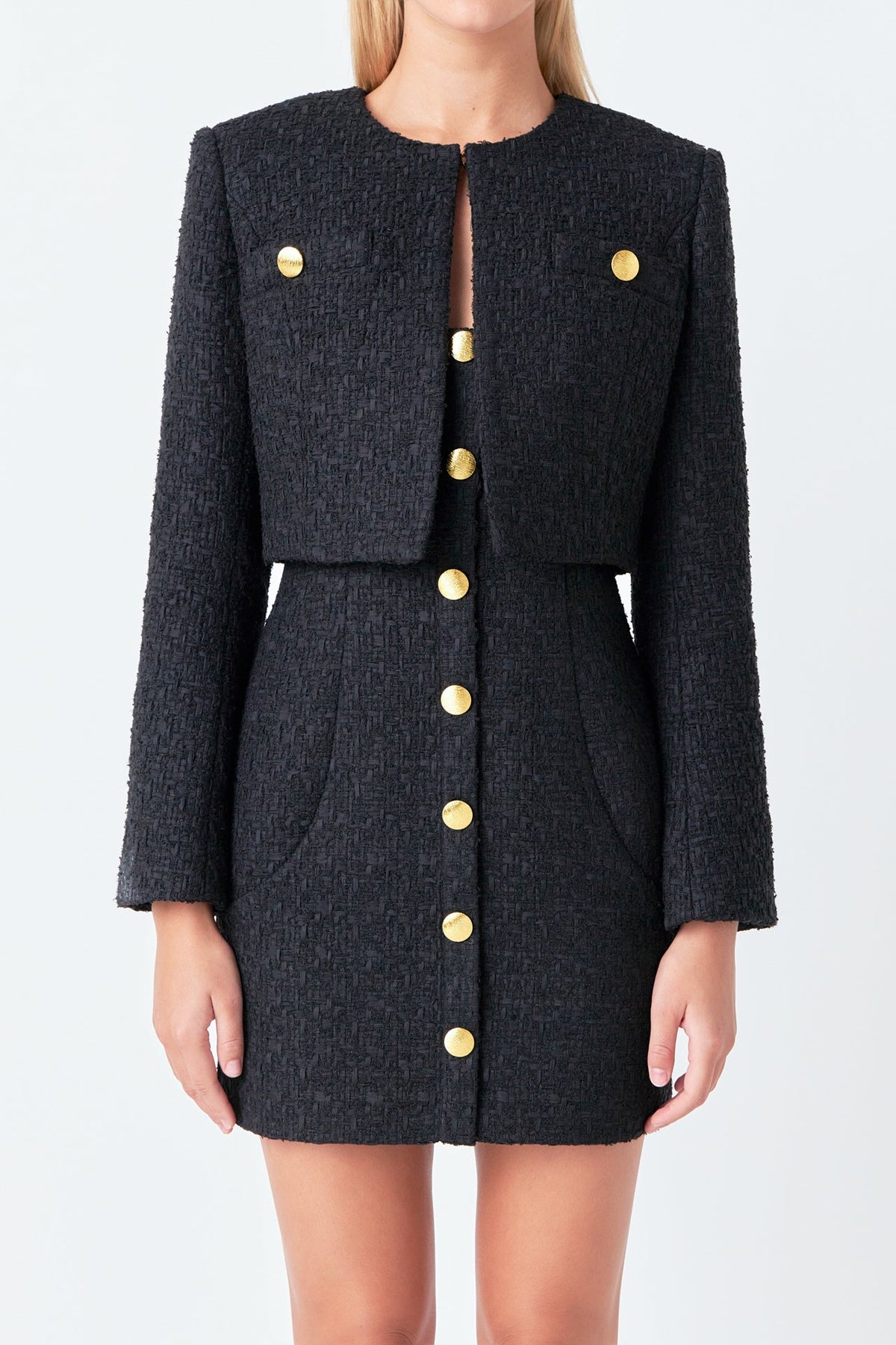 ENDLESS ROSE - Cropped Buttoned Tweed Jacket - JACKETS available at Objectrare