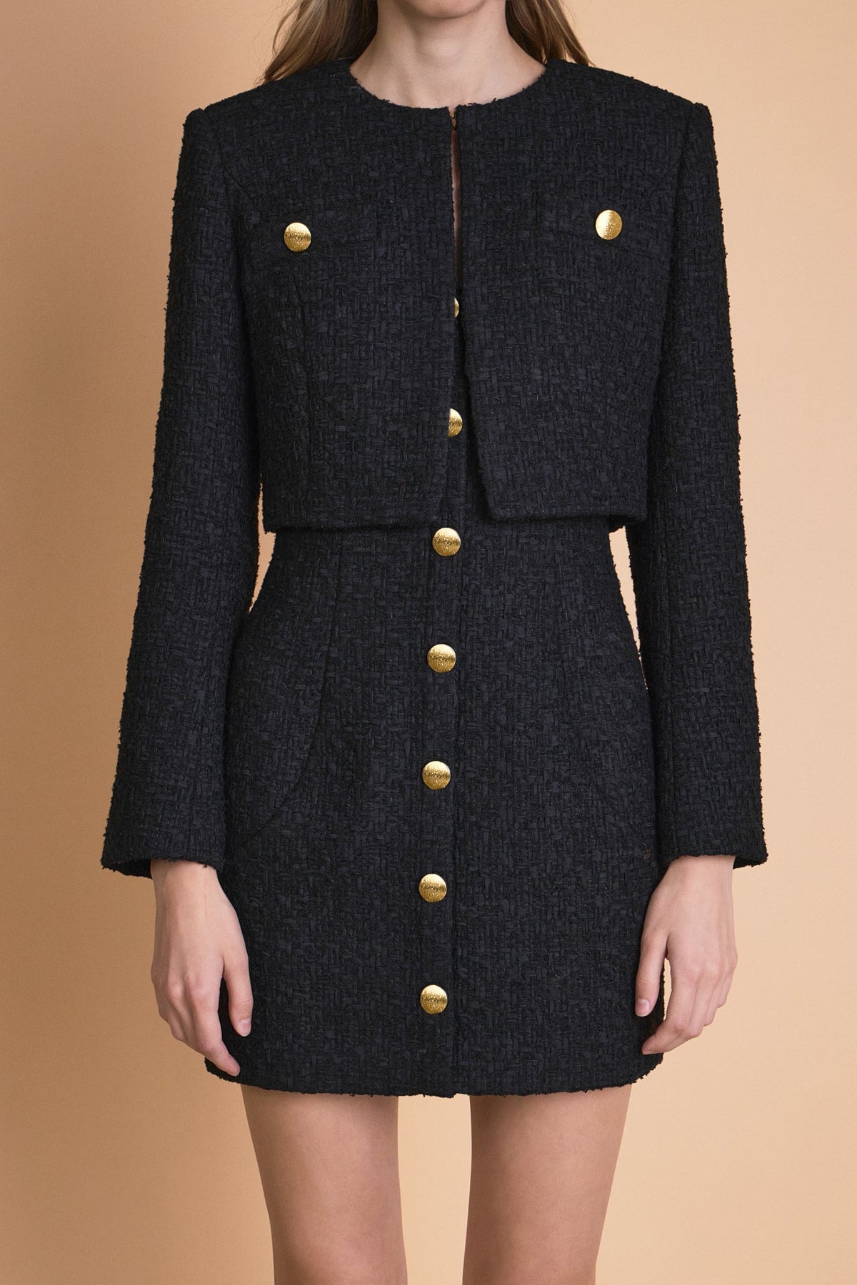 ENDLESS ROSE - Cropped Buttoned Tweed Jacket - JACKETS available at Objectrare