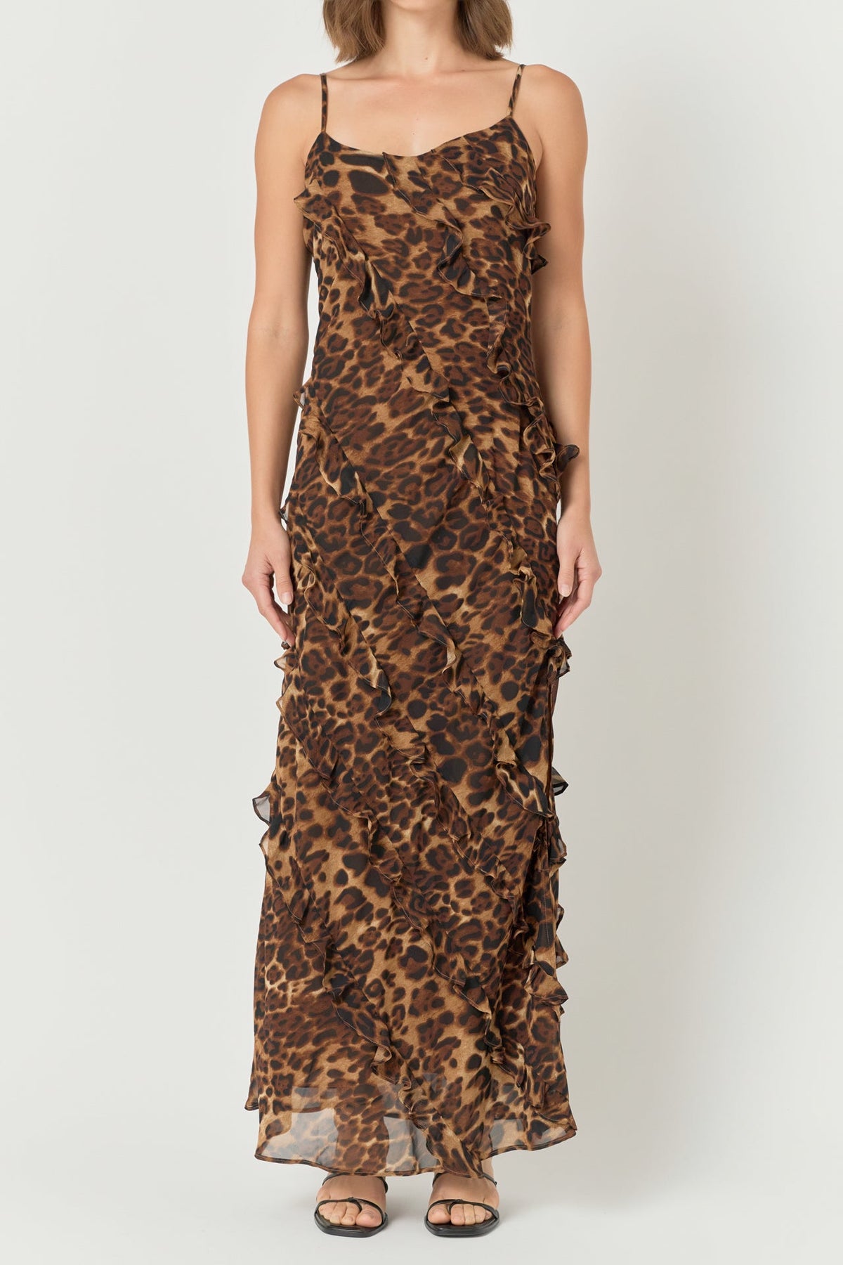 ENDLESS ROSE - Endless Rose - Animal Print Ruffled Slip Maxi Dress - DRESSES available at Objectrare