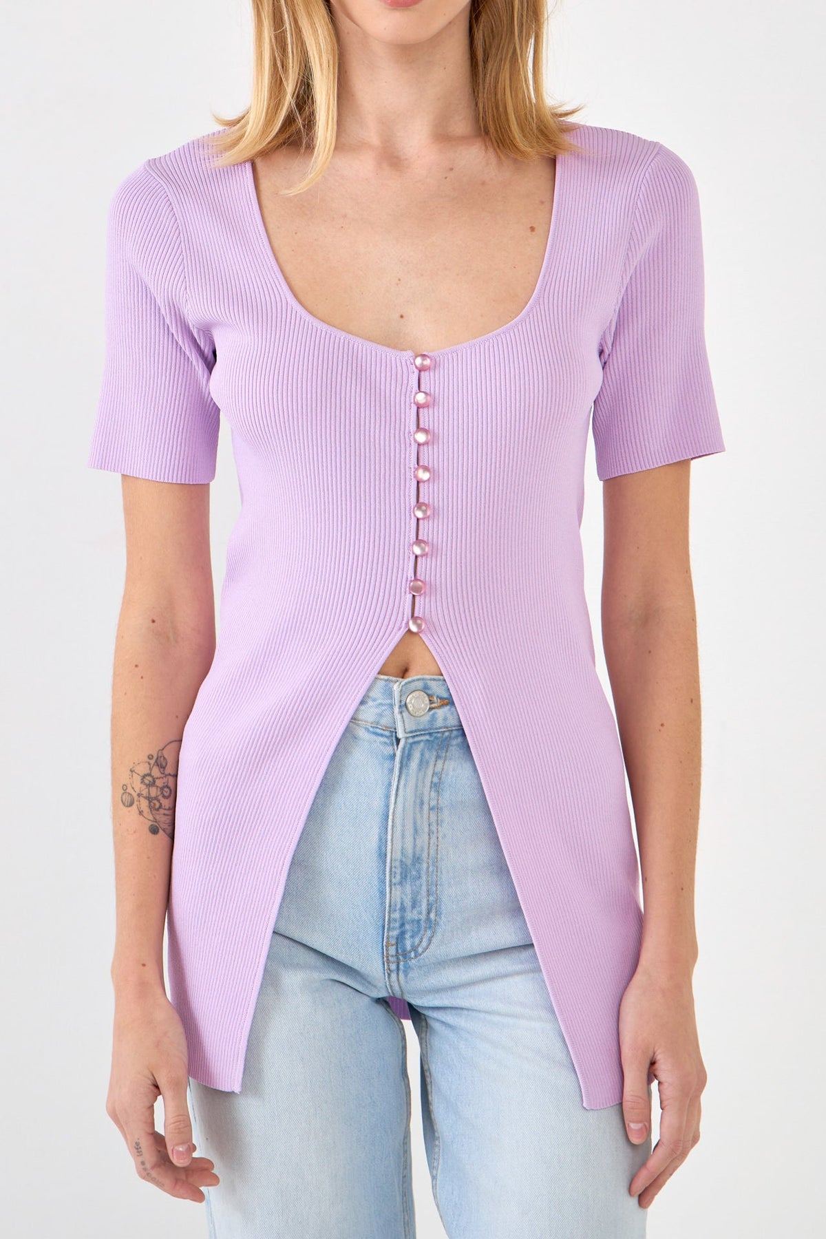 ENDLESS ROSE - Endless Rose - Short Sleeve Long Knit Button Up - TOPS available at Objectrare