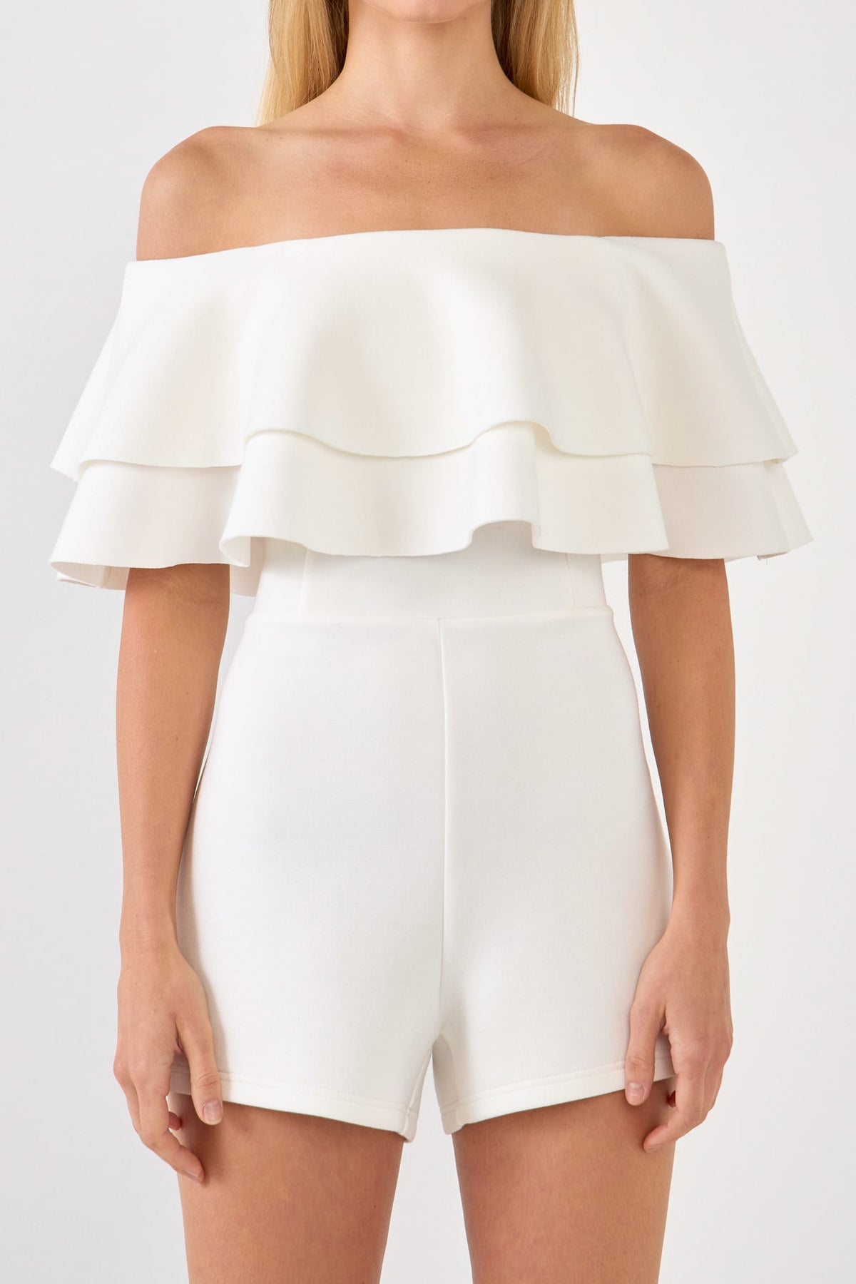 ENDLESS ROSE - Off the Shoulder Ruffled Romper - ROMPERS available at Objectrare