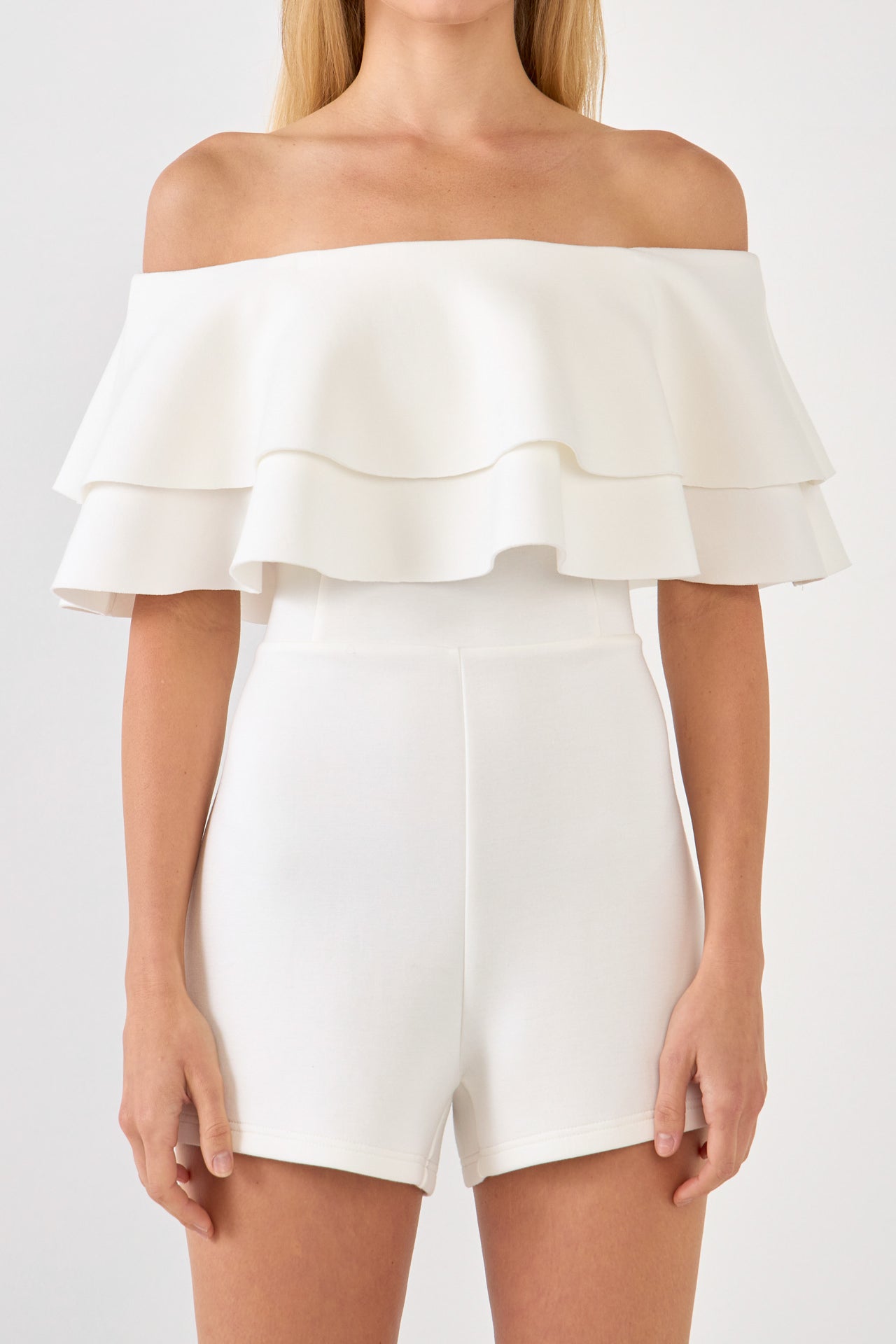 ENDLESS ROSE - Off the Shoulder Ruffled Romper - ROMPERS available at Objectrare