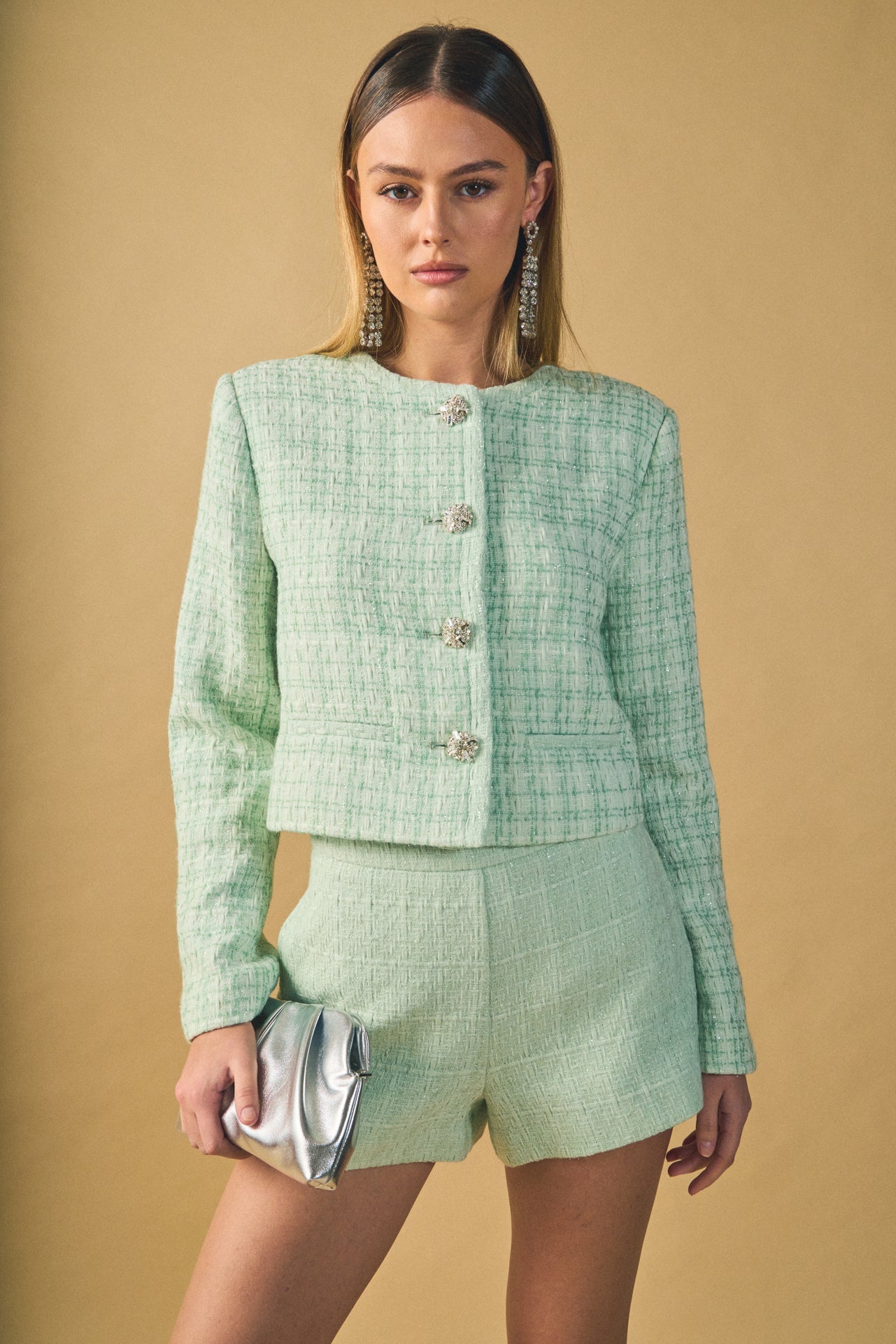 ENDLESS ROSE - Lemi Tweed Jewel Buttoned Combo Jacket - JACKETS available at Objectrare