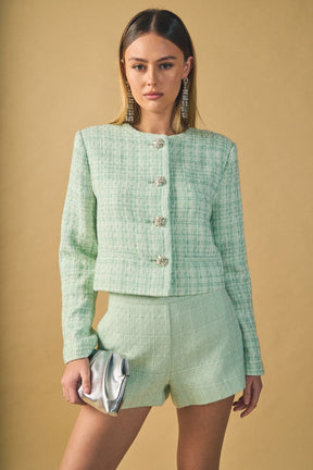 ENDLESS ROSE - Lemi Tweed Jewel Buttoned Combo Jacket - JACKETS available at Objectrare