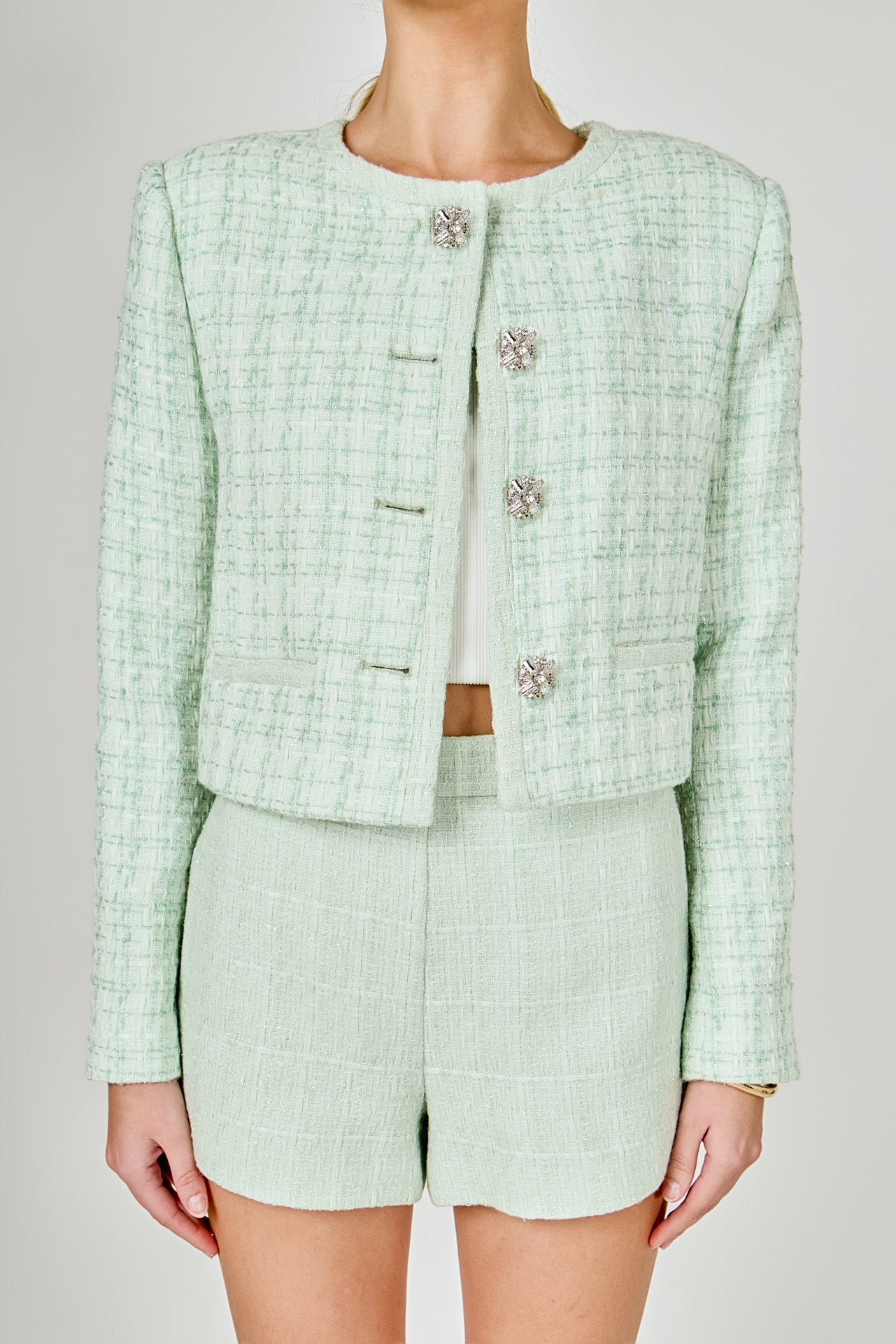 ENDLESS ROSE - Lemi Tweed Jewel Buttoned Combo Jacket - JACKETS available at Objectrare