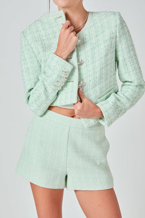 ENDLESS ROSE - Lemi Tweed Jewel Buttoned Combo Jacket - JACKETS available at Objectrare