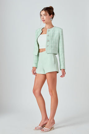 ENDLESS ROSE - Lemi Tweed Jewel Buttoned Combo Jacket - JACKETS available at Objectrare