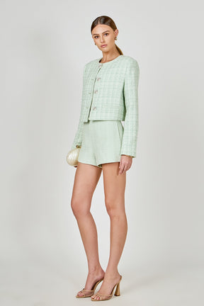 ENDLESS ROSE - Lemi Tweed Jewel Buttoned Combo Jacket - JACKETS available at Objectrare
