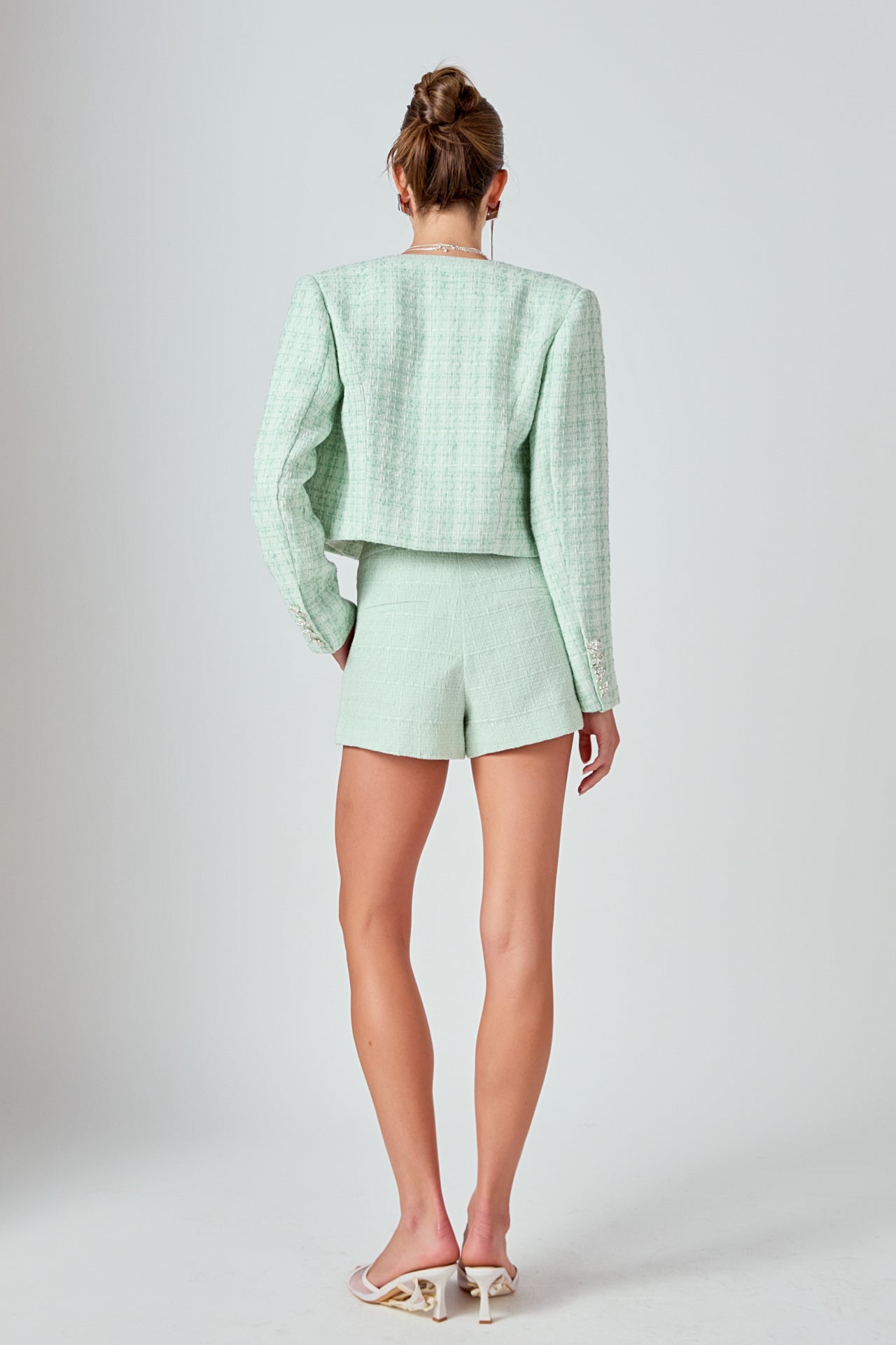 ENDLESS ROSE - Lemi Tweed Jewel Buttoned Combo Jacket - JACKETS available at Objectrare