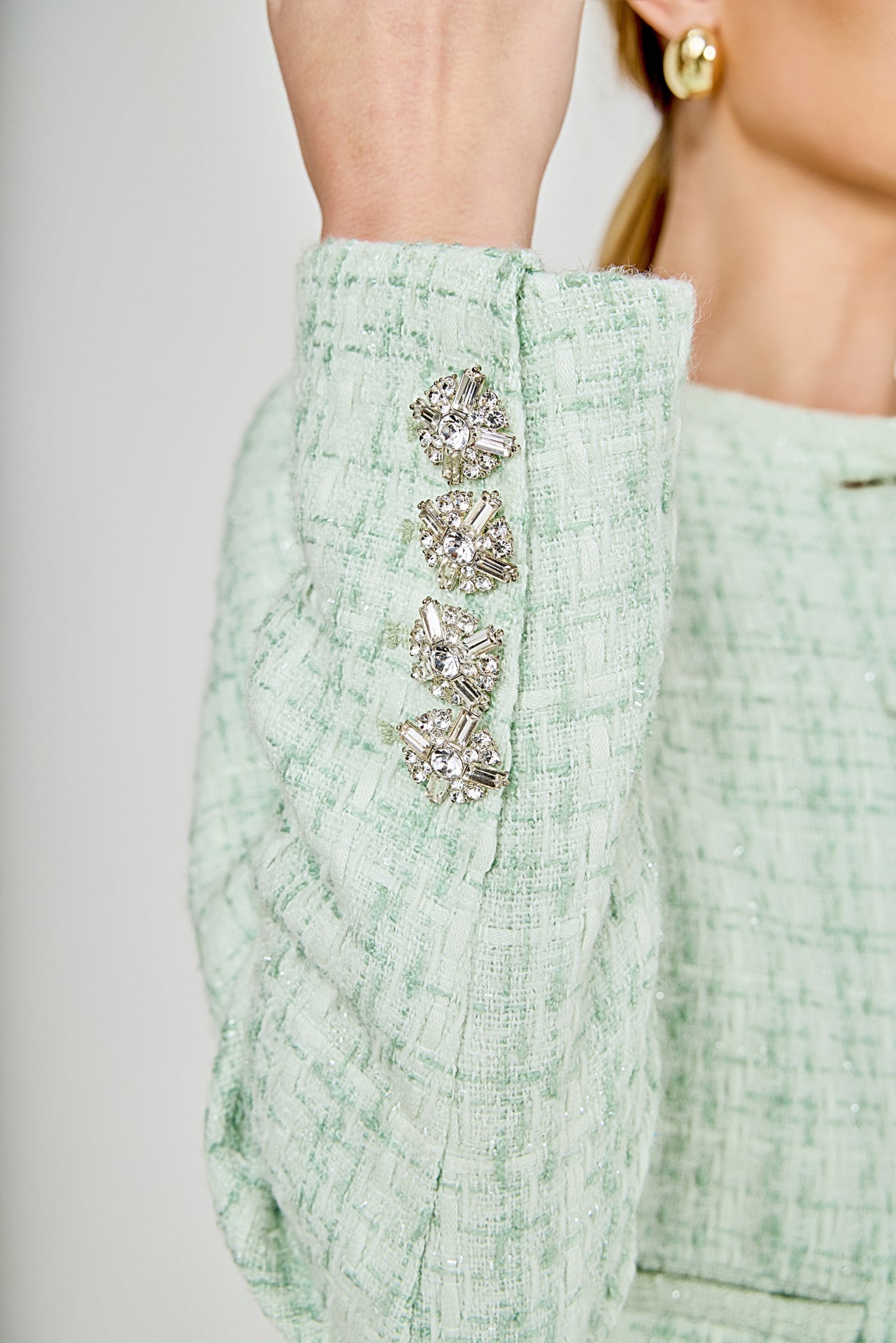 ENDLESS ROSE - Lemi Tweed Jewel Buttoned Combo Jacket - JACKETS available at Objectrare